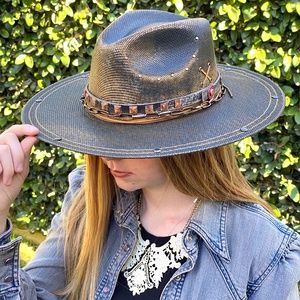 Panama Straw Hat Distressed Hat Band Rivets NWOT